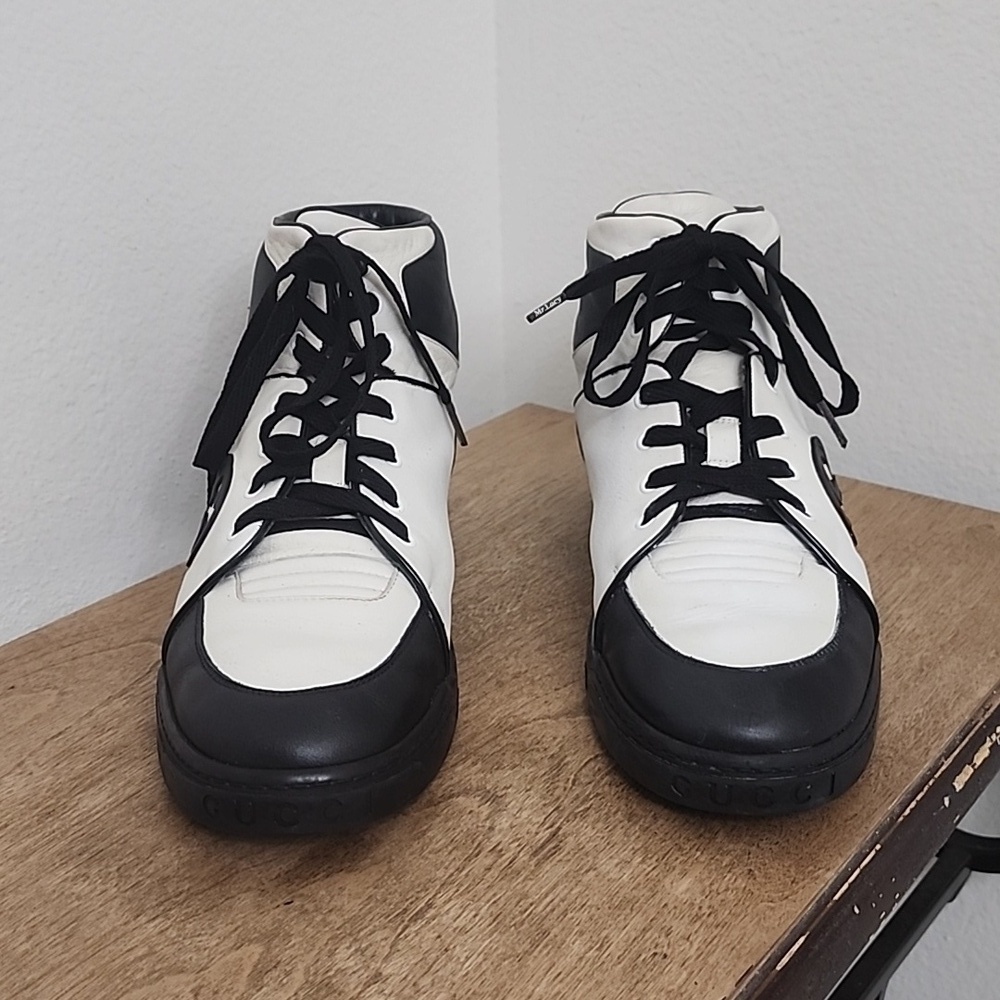 GUCCI Men's Black and White Leather GG Interlocking Logo High Top Sneakers Sz11